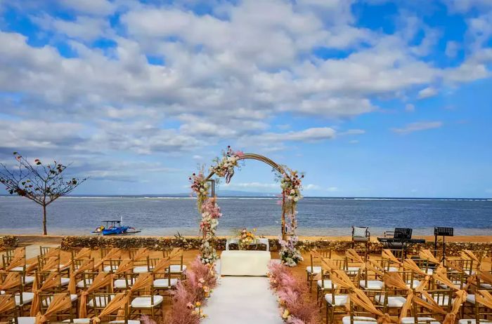 A wedding set up along the beach