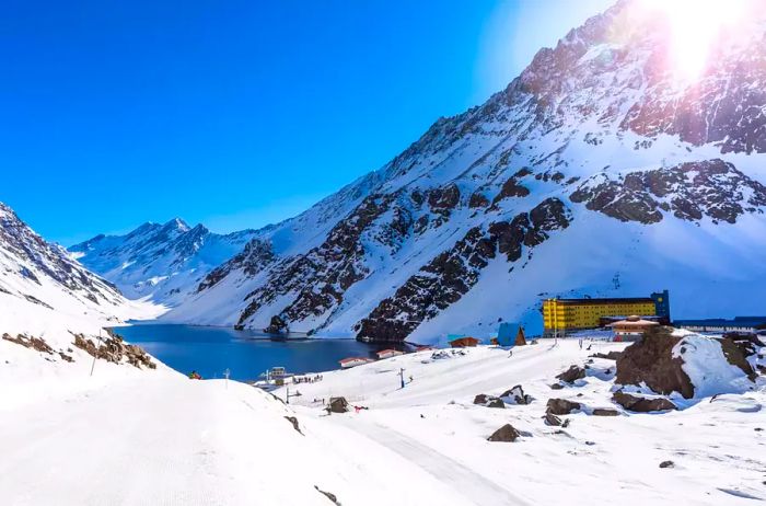 Skiing in Chile on a sunny day with plenty of snow. South America.