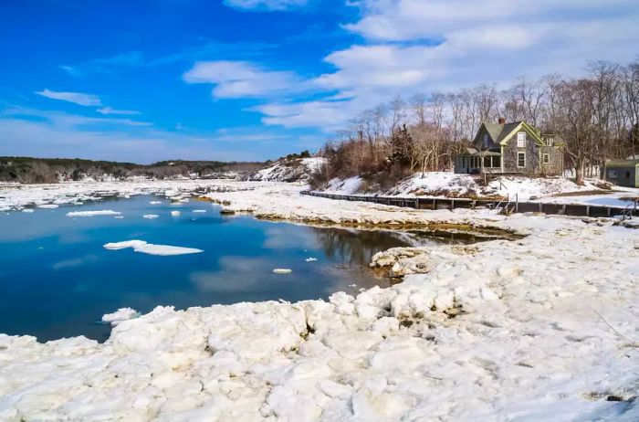 Ice floes block the shoreline and waterways of Pamet Harbor in Truro, Massachusetts, following a harsh winter.