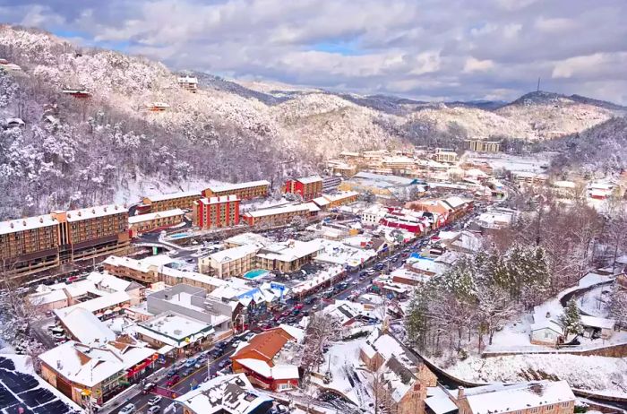 Gatlinburg blanketed in snow near the Smoky Mountains