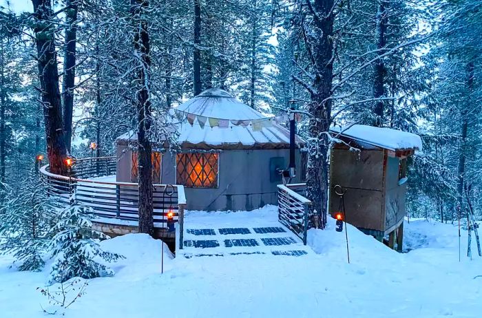 Exterior view of Blue Moon Yurt in McCall, Idaho during winter