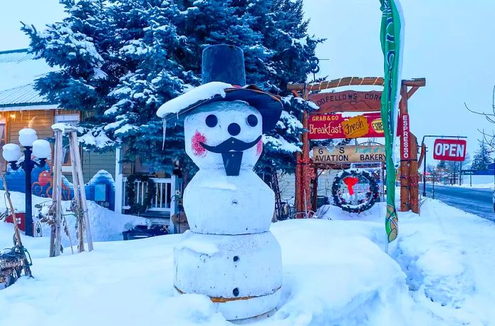 Exterior of Flight of Fancy restaurant in McCall, Idaho during winter