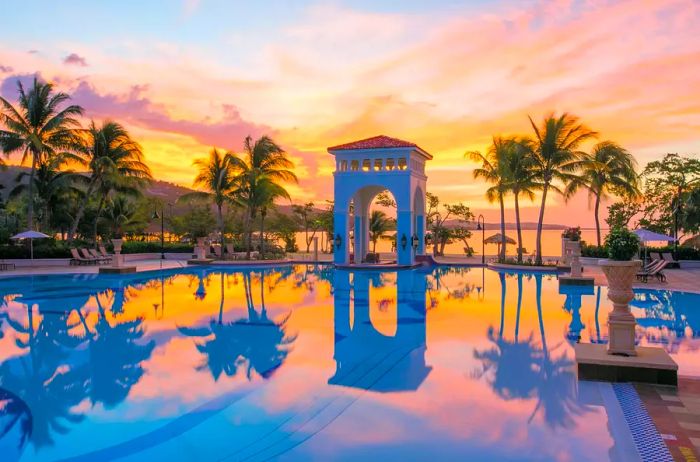 Pool area at sunset