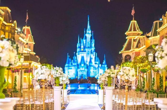 Wedding ceremony arranged in front of Cinderella's Castle at Magic Kingdom, Walt Disney World