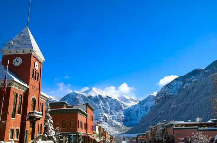 Telluride's main street blanketed in winter snow