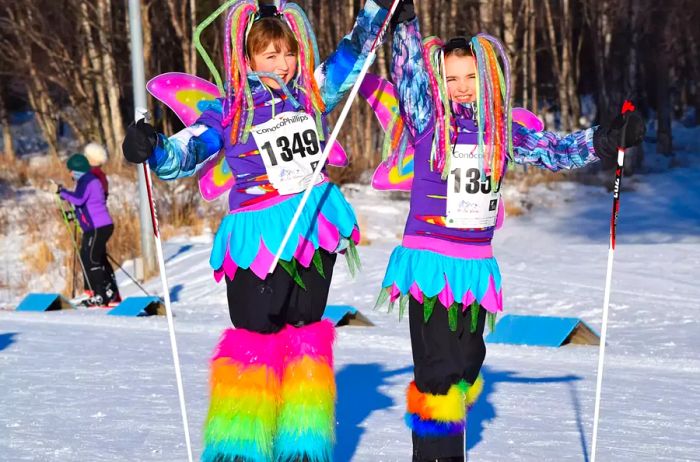 Two girls dressed up for the costume ski event