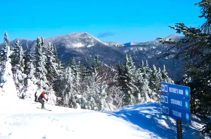 A sign for ski runs with a skier at Waterville Valley