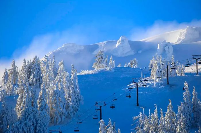 The winter ski season unfolds in the Cascade Mountain Range near Bend, Oregon.