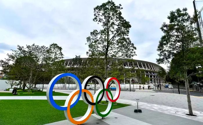 The Olympic rings stand proudly outside the Tokyo Olympic Stadium in anticipation of the 2020 Summer Games.