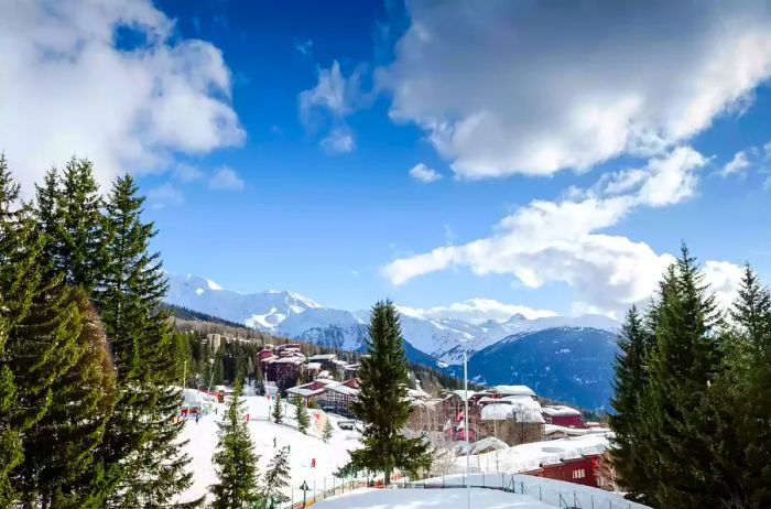 A picturesque view of the Les Arcs ski resort and the French Alps near Bourg Saint Maurice in France.