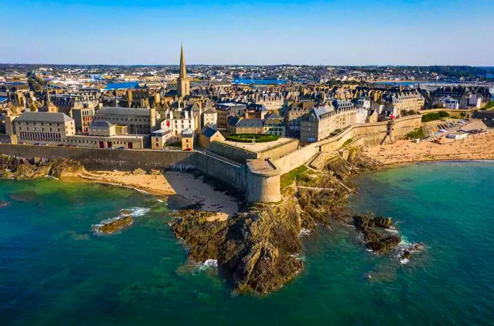 A bird's-eye view of the coastline near St. Malo, France