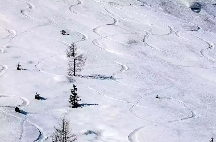 Aerial view of a snow-covered field in Davos, Switzerland.