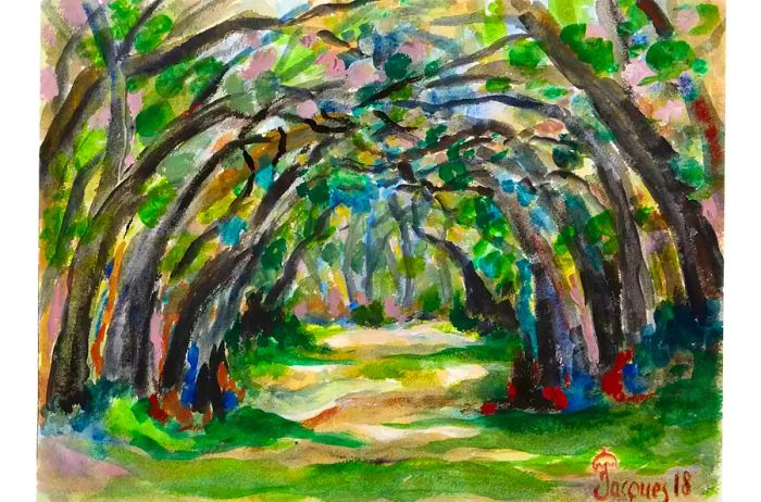 A painting featuring arched trees by Jacques Pépin