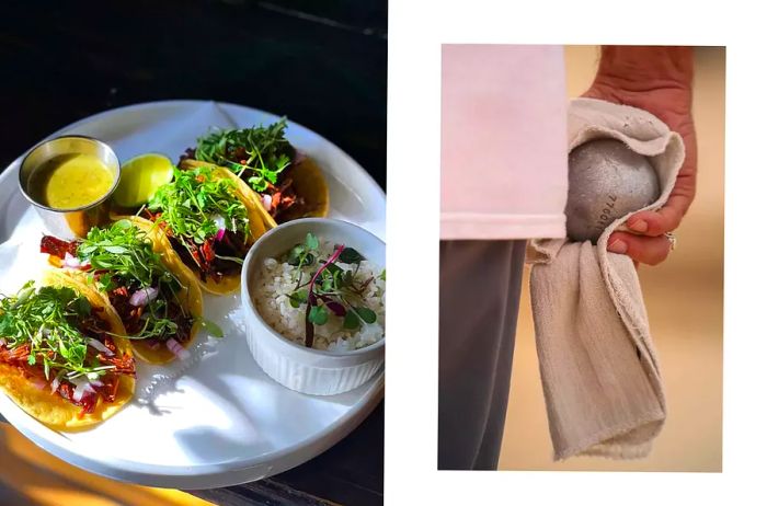 Two images from Amelia Island, Florida: one featuring tacos and another showing a man holding a pétanque boule along with a towel.