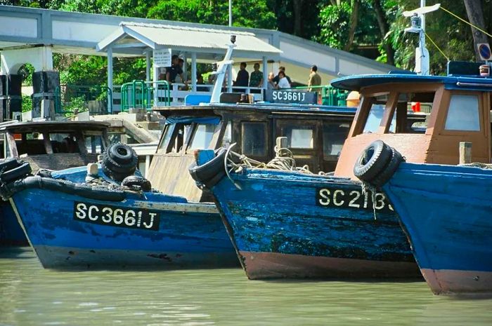 A glimpse of the ferry boats transporting passengers from Changi wharf to Ubin Island, a favored weekend getaway just off the coast of mainland Singapore.