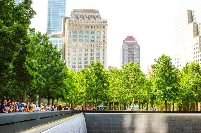 View of the 9/11 memorial and surrounding buildings