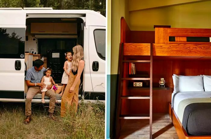 Two images: one featuring a family in front of an RV and the other displaying bunk beds in a hotel.