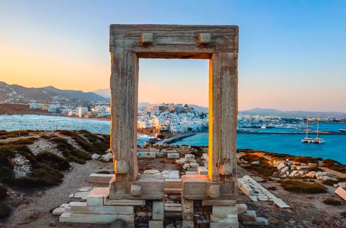 Aerial view of Apollo's temple and the town of Naxos, Cyclades, Greece