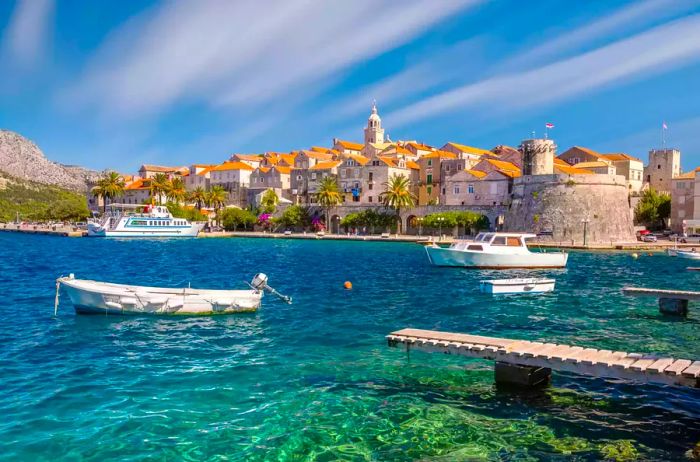 A picturesque view of Korčula town on Korčula Island, Croatia. Korčula is a historic fortified town located on the protected eastern coast of Korčula Island in the Adriatic Sea.