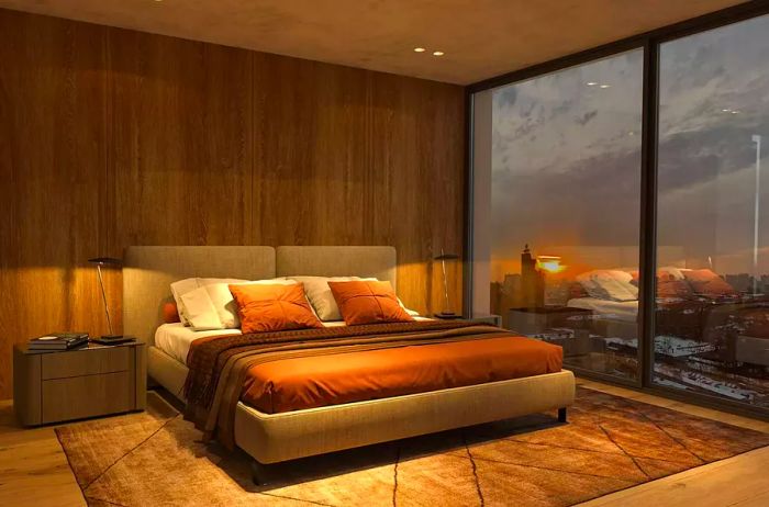 Sleek and modern hotel room featuring luxurious interior design with expansive panoramic windows