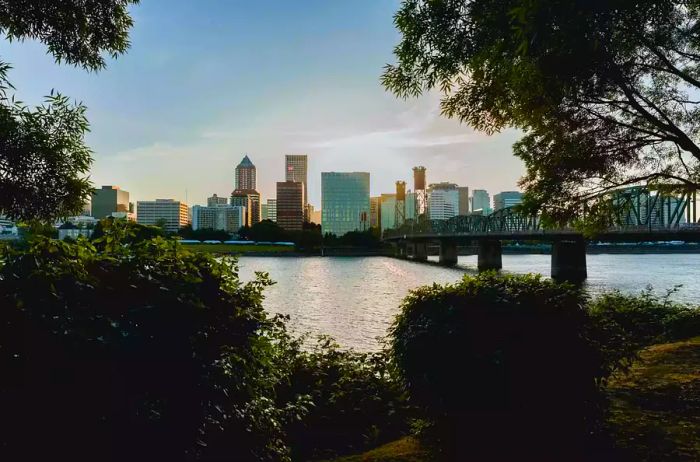 Twilight over downtown Portland, featuring the historic Hawthorne Bridge and the Willamette River in Portland, Oregon