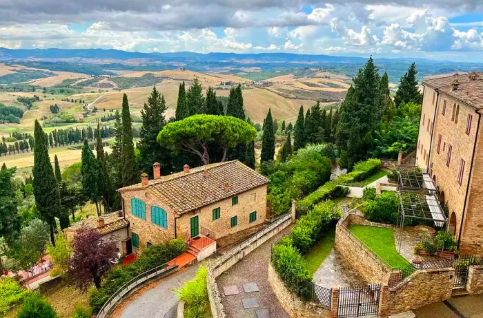 A stunning aerial view of the historic village of Castelfalfi in Tuscany, Italy