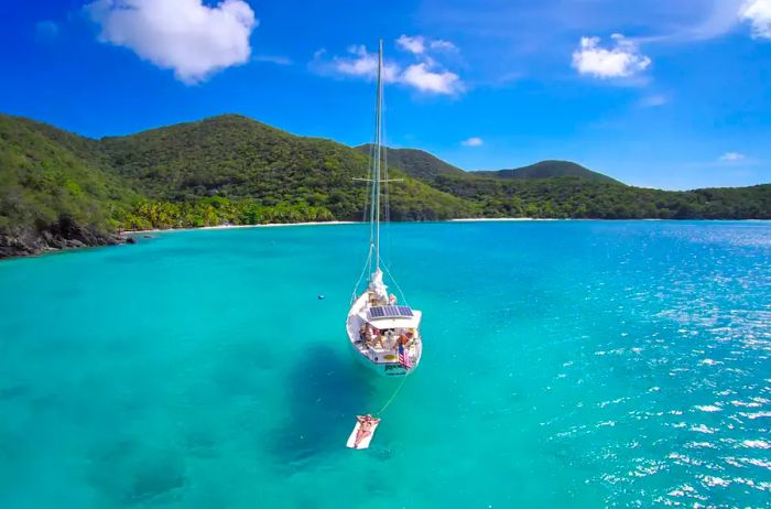 Bird's-eye view of a sailboat anchored in St. John, USVI