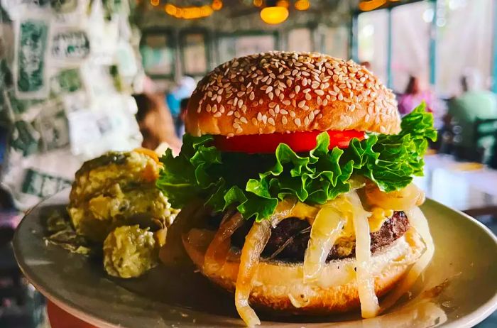 A burger served at the Dollar Bill Bar on Cabbage Key, Florida