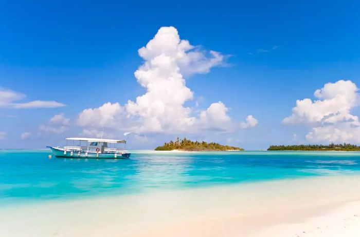 A boat moored at an island in the Maldives