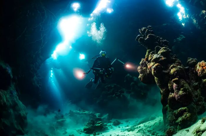 An underwater cave within a vibrant red sea reef, featuring an underwater photographer diver.