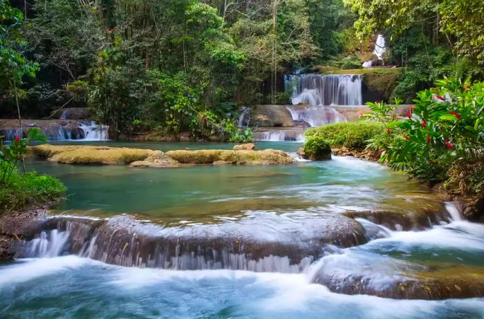 Beautiful cascading waterfalls on the tropical island of Jamaica