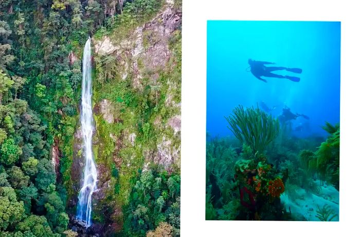 A pair of images: one showcasing a waterfall and the other featuring scuba divers in Honduras.