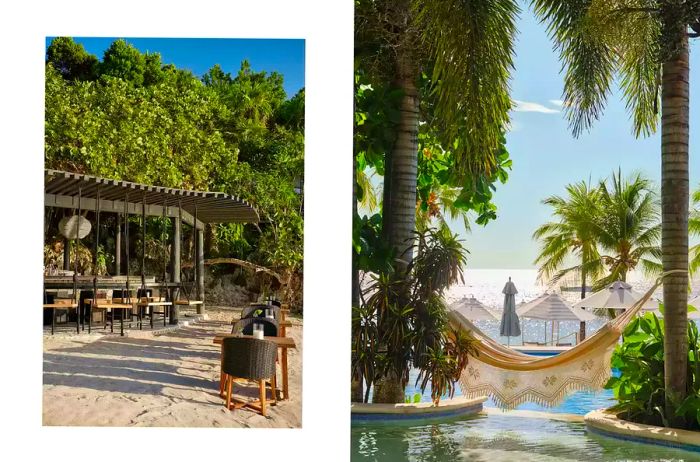 A pair of images: one depicting a beach bar and the other showcasing a hotel pool in Honduras.