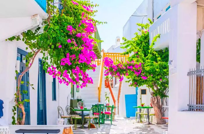 Charming narrow streets of a village in Mykonos