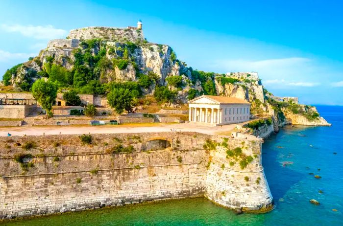 Ancient Hellenic temple and old castle in Corfu, Ionian Islands, Greece