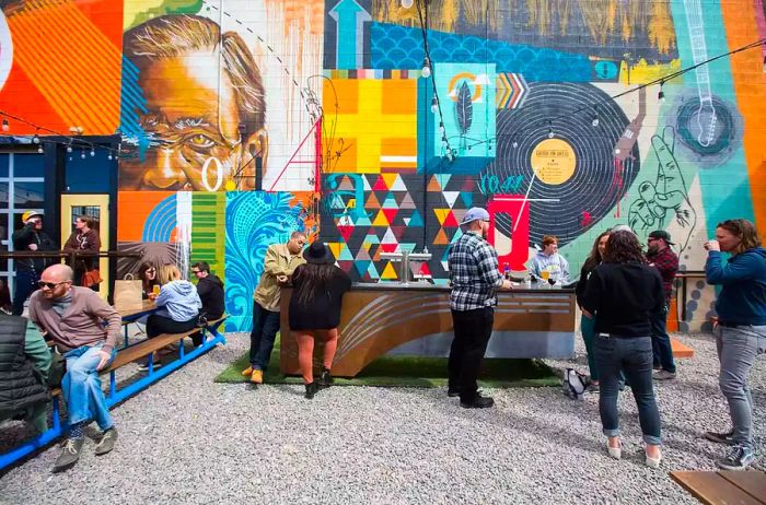 People enjoying the outdoor patio at Ratio Beerworks in Denver