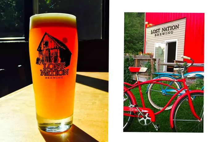 Left: A pint of Lost Nation Beer Right: Brewery entrance with bikes parked out front