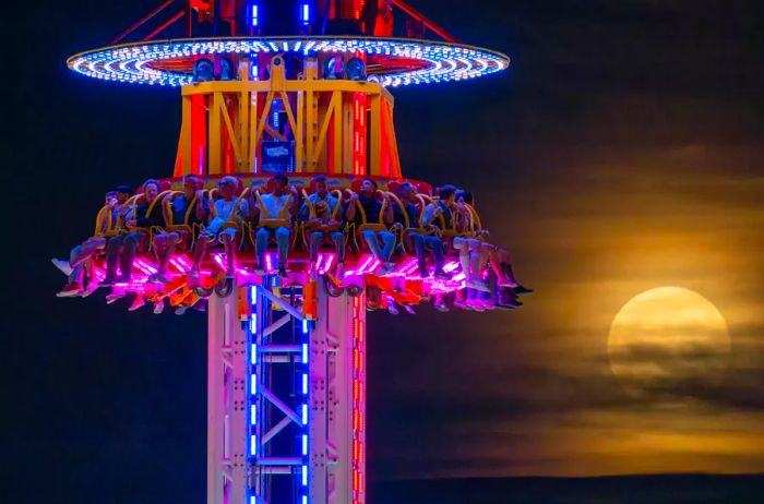 Oktoberfest visitors enjoy a ride under the moonlight in the evening.