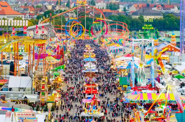 A sweeping aerial view of Oktoberfest.