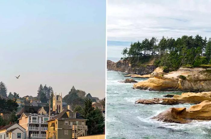 Views from Oregon's coast, featuring a bird soaring over homes in Astoria and the rocky shores of Depoe Bay.