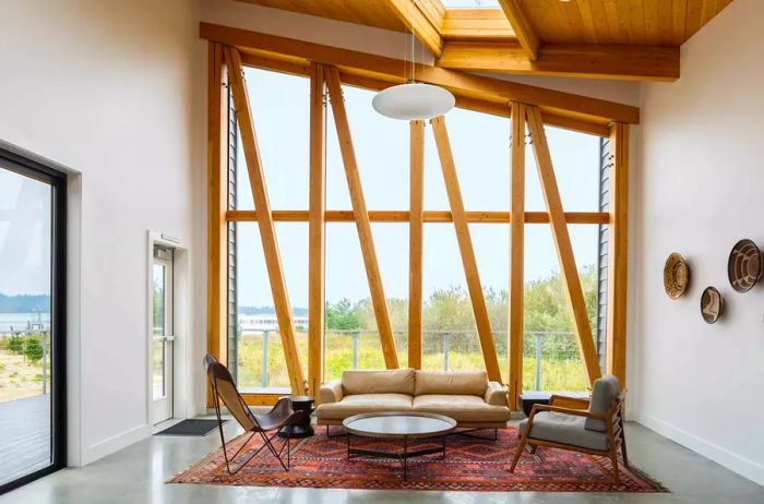 The interior of a communal space at a campground in Coos Bay, Oregon, featuring views of the water.