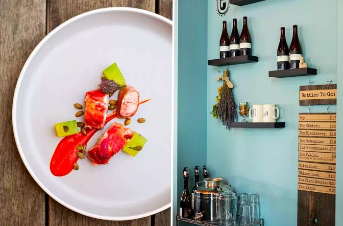 A pair of images from the Oregon Coast, featuring a fish dish at Restaurant Beck and the menu board at De Garde Brewing.