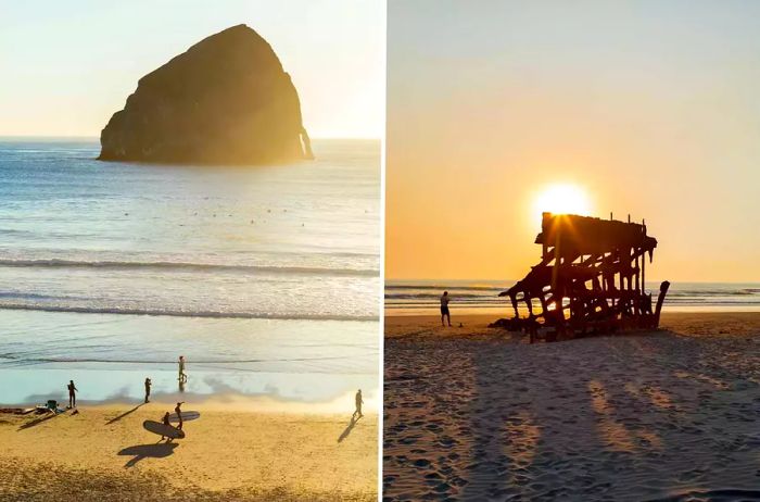 A pair of beach scenes from the Oregon Coast, featuring surfers in front of Kiawanda Rock and the remains of the Peter Iredale shipwreck.