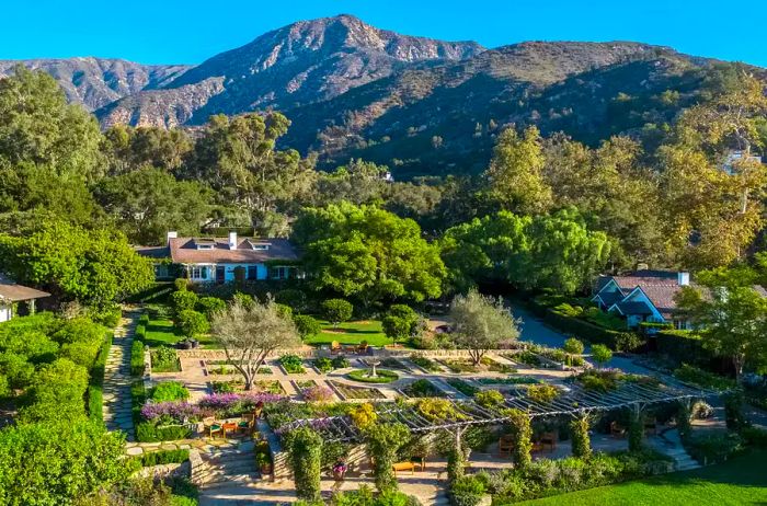 Aerial perspective of the resort and gardens at San Ysidro Ranch