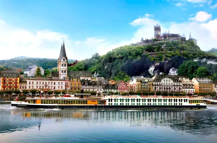 View of a Uniworld ship sailing on the Rhine River