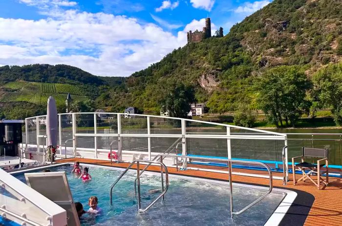 View of the pool deck on a Disney river cruise