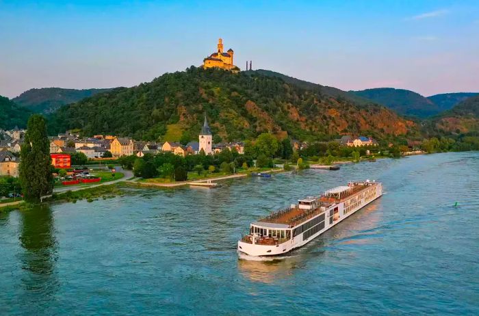 View of a Viking cruise ship on the Rhine River