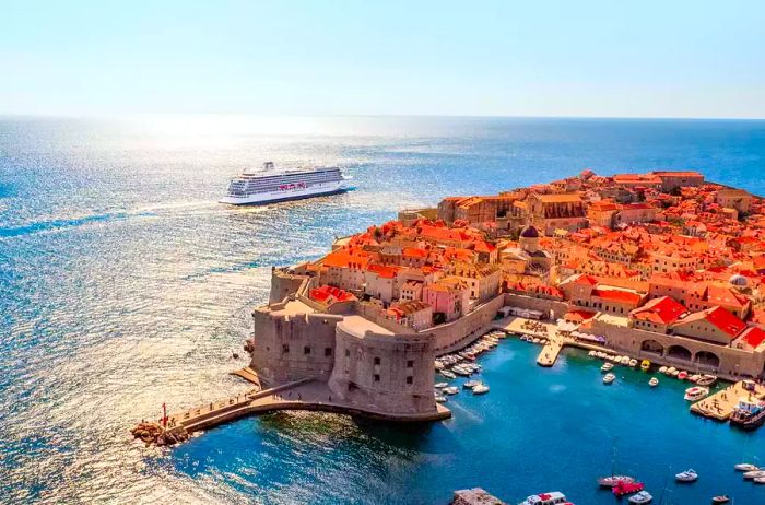 An aerial view captures the Viking Sea as it departs from Dubrovnik, Croatia.