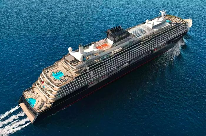 Aerial view of an Explora Journeys cruise ship