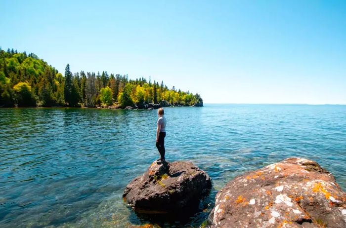 A woman stands atop a rock, gazing over the water towards distant trees